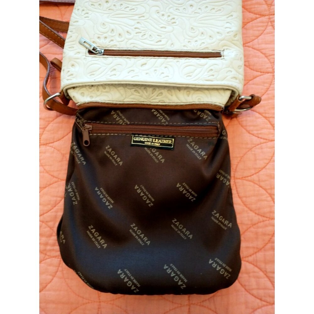Zagara Women's Crossbody Shoulder Bag Tooled Leather Italy Ivory & Tan 8.5x9.5 - Picture 9 of 10